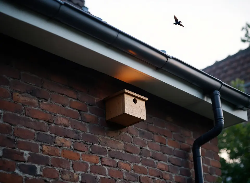 Een houten nestkast onder de dakgoot van een oud bakstenen huis, met een vogel in de lucht