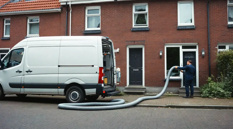 Een witte bus met een inblaasmachine voor een bakstenen rijtjeshuis; een lange grijze slang loopt over de stoep naar een vakman bij de gevel