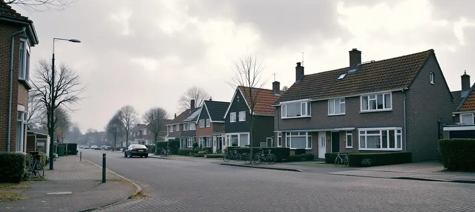 Woonstraat uit de jaren zeventig met een hoekwoning, rijtjeshuizen en twee-onder-een-kapwoningen van baksteen