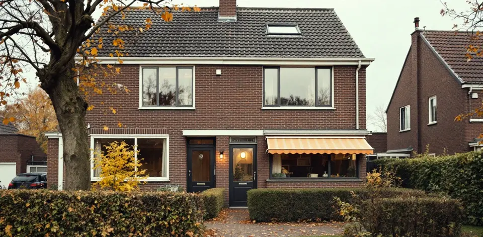 Twee woningen onder één dak van bruine baksteen, met de voordeuren naast elkaar, een heg en herfstblad in de voortuin